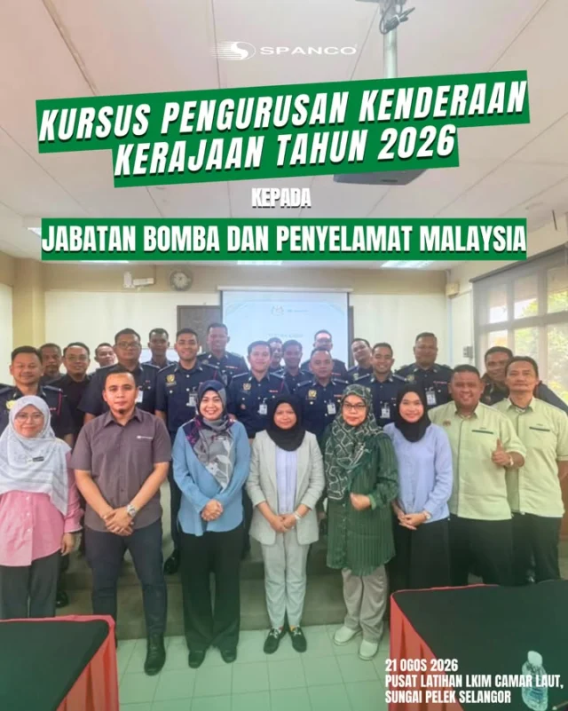 KURSUS PENGURUSAN KENDERAAN KERAJAAN TAHUN 2026

Pada 21 Ogos 2026 Jumaat, SPANCO telah mengadakan sesi taklimat bersama 30 orang pegawai Jabatan Bomba dan Penyelamat Malaysia (JBPM) Zon Tengah di Pusat Latihan LKIM Camar Laut, Kampung Bagan Lalang, Sungai Pelek, Selangor.

Sepanjang sesi, pelbagai topik berkaitan kenderaan kerajaan dikongsikan, merangkumi aspek pengendalian dan pemanduan selamat, penyelenggaraan serta teknikal kenderaan, pengurusan risiko dan tatacara menghadapi situasi kecemasan atau kemalangan.

Turut dikongsikan maklumat berkaitan pengurusan kenderaan, khidmat sokongan, pengurusan saman PDRM dan JPJ serta kategori dan spesifikasi kenderaan di bawah kontrak konsesi.

Terima kasih kepada pihak Jabatan Bomba dan Penyelamat Malaysia atas kerjasama dan penyertaan yang diberikan. 🤝

Sentiasa Bersama Mu.

#SPANCO #SentiasaBersamaMu #JBPM #SPANCOMy #SPANCOSdnBhd